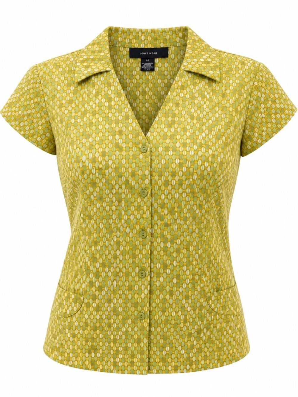 Vintage JONES WEAR Short-Sleeve Button-Down Blouse, Olive/Lime Green, Size 14